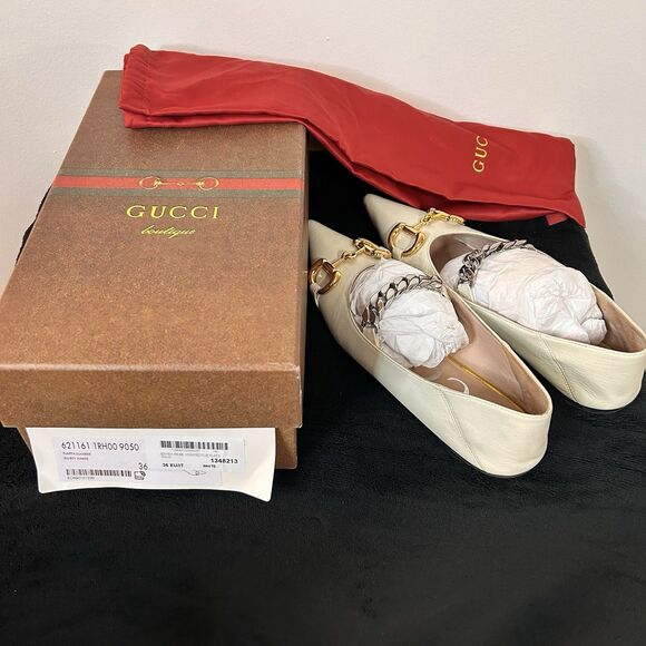 Gucci Shoes - Gucci Deva Horsebit Chain Pointed Toe Flats White Leather Sz 36 US 6 Box